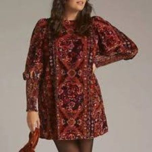 Anthropologie Jewel Tones Paisley Velvet Burnout Long Puff Sleeve Shift Dress 18